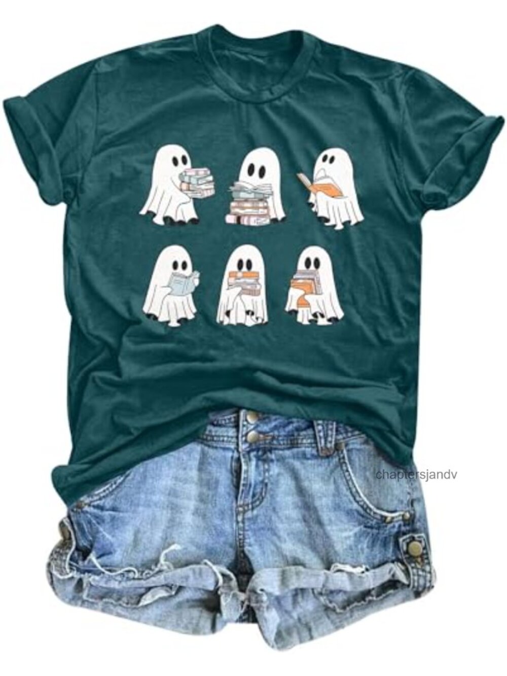 Women's Halloween Teacher T-Shirt Ghost Reading Books Spooky Season Tee
